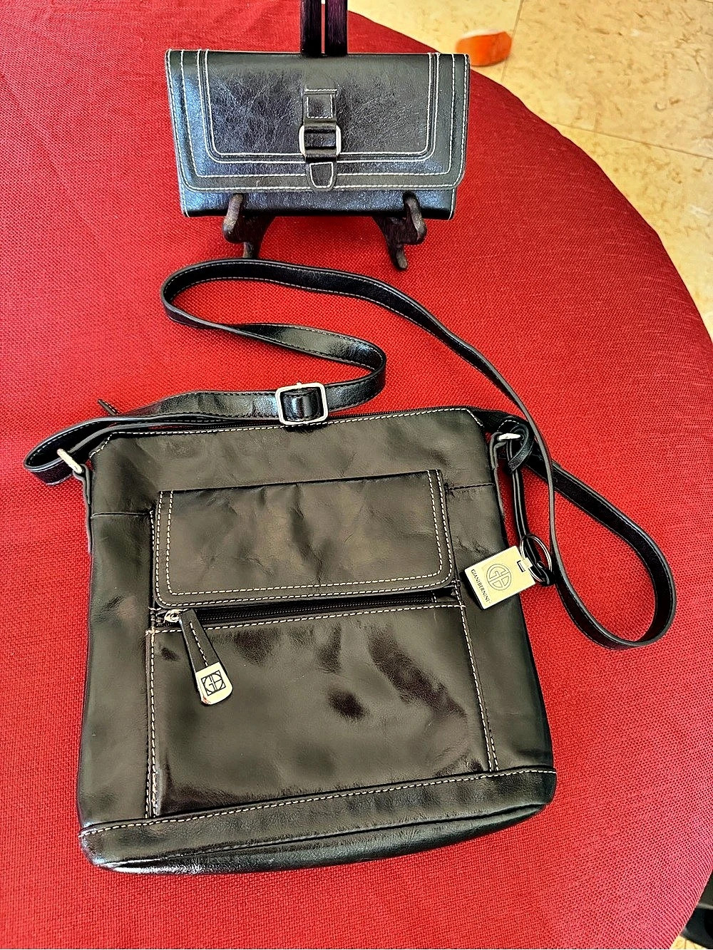 Giani Bernini Black Glazed Leather Crossbody Organizer Bag & Black Wallet